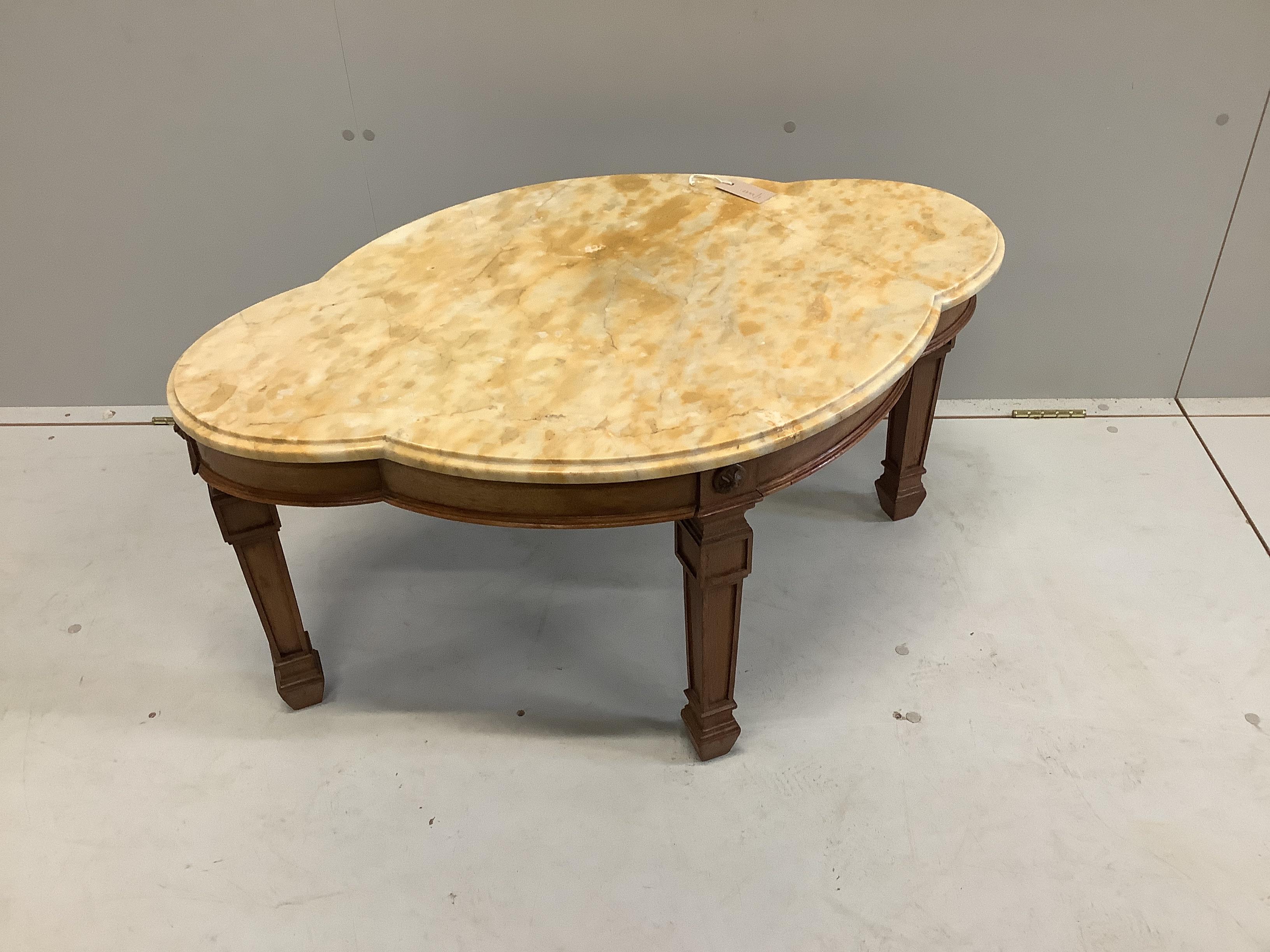 A reproduction Richardsons of Highgate marble top low table of shaped oval form, width 92cm, depth 60cm, height 46cm